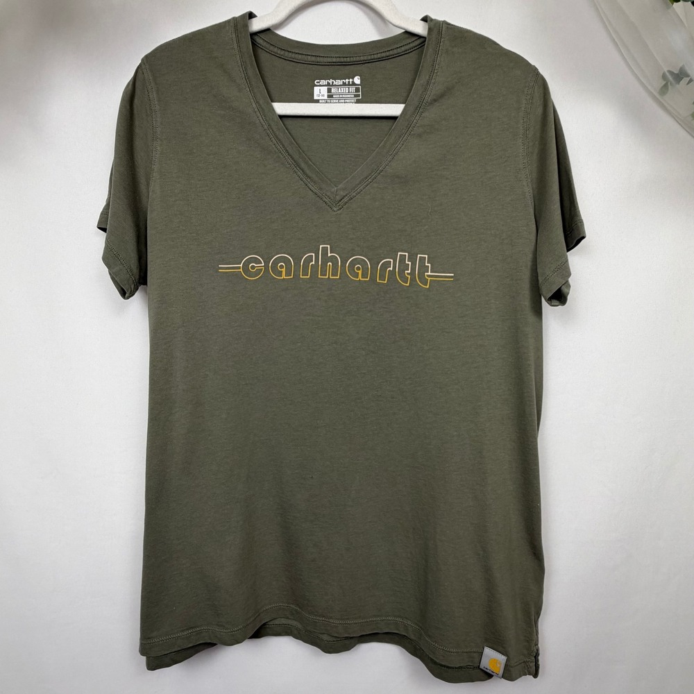 Carhartt Womens Relaxed Fit V-Neck Graphic T-Shirt Olive Green TK6181-W Large